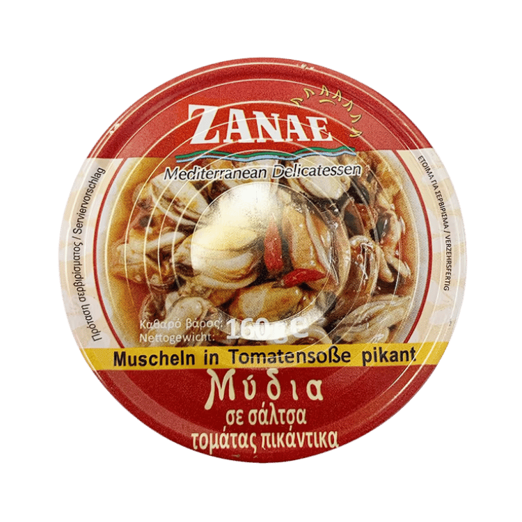 Muscheln in Tomatensoße Pikant (160g) Zanae von Zanae bei Araxxon  - Hochwertiges griechisches Produkt.   Muscheln in Tomatensoße Pikant (160g) Zanae από Zanae στο Araxxon  - Αυθεντικό ελληνικό προϊόν.